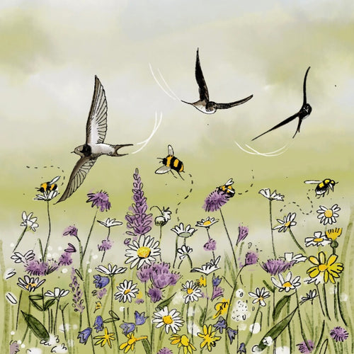 Birds swooping whilst Bees gather nectar in a flower meadow