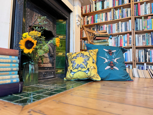 Velvet, colourful cushions by a fireplace with books
