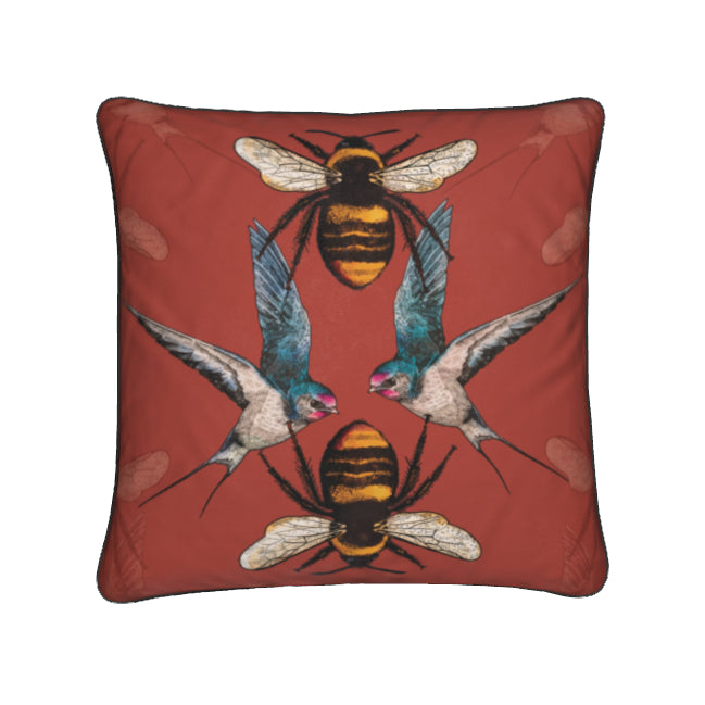 Birds and The Bees in Terracotta Red with Black Piping