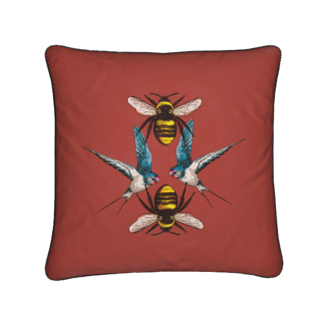 Birds and The Bees in Terracotta Red with Black Piping