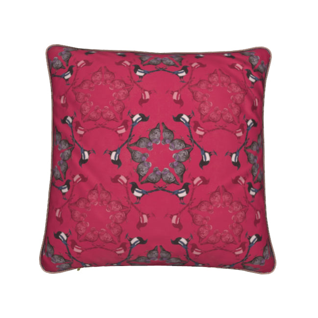 Bright Pink Cushion Pattern Magpies Pigeons Birds