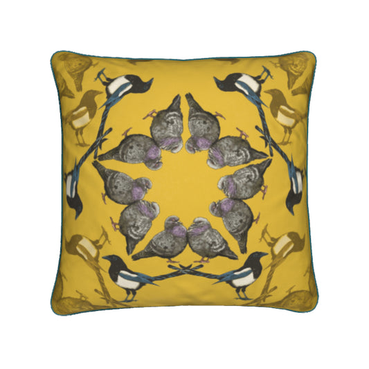 Bright Yellow Cushion Magpies Pigeons Birds